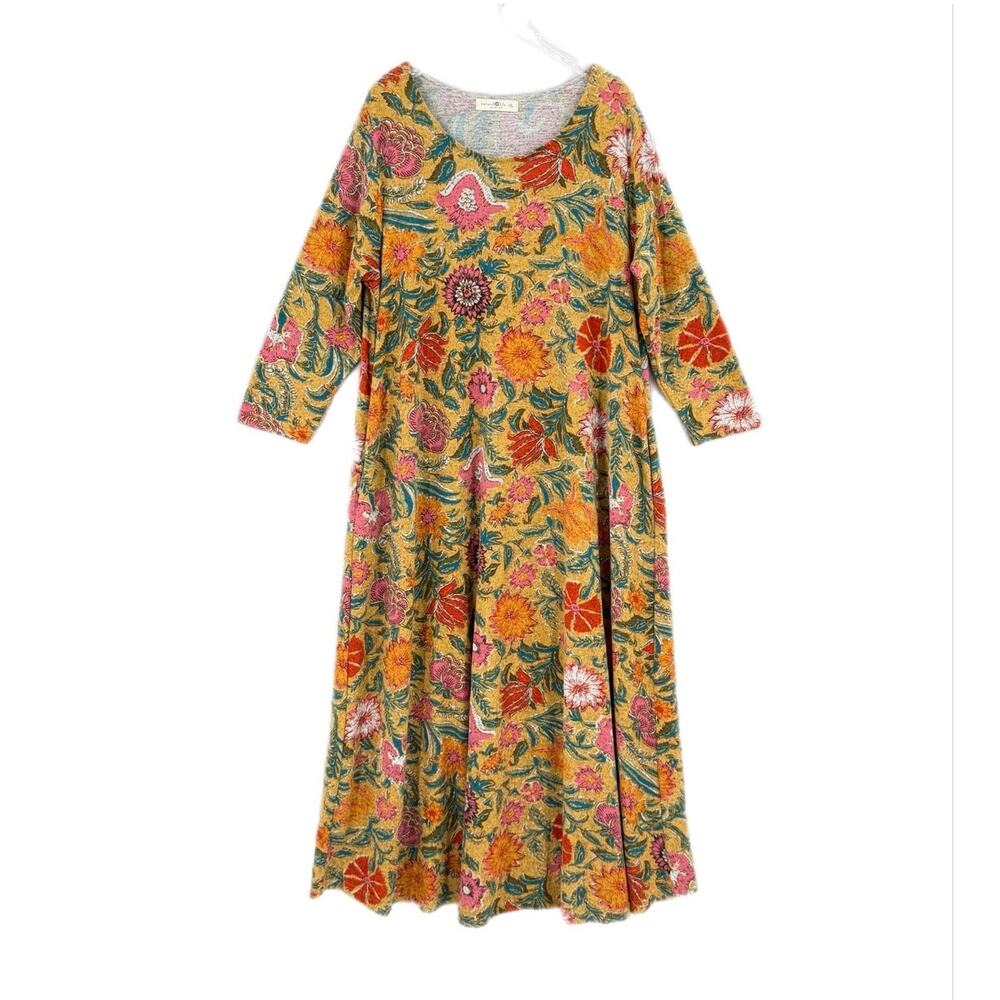 Natural Life Mustard Floral Cottagecore Comfort Boho Colorful Knit Midi Dress